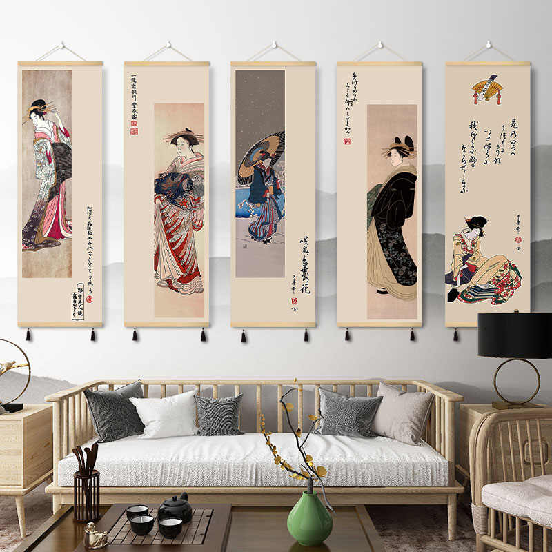 日式风格和风仕女图定制装饰画浮世绘日料餐厅居酒屋墙壁实木挂画图片