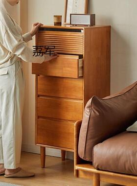 LJLJ全实木斗柜樱桃木色夹缝柜日式床边柜家用窄柜复古五斗