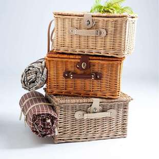 现货柳编餐篮户外用品篮子可方形柳筐含地毯含餐具