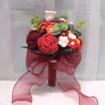 041婚礼仿真玫瑰订婚结婚手捧花跨境手工毛线编织针织花束成