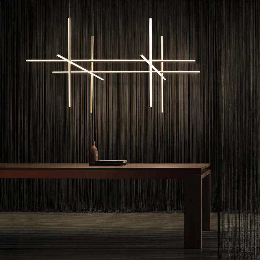 设计师挑空吊灯极简别墅客厅餐桌简约现代创意线条组合楼梯间灯具