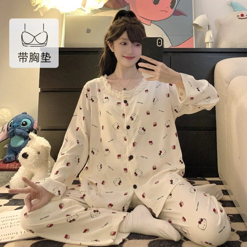 春季新款睡衣女长袖长裤开衫蕾丝花边卡通可爱家居服套装外穿tyk