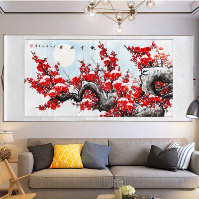 国画梅花喜上眉梢客厅办公室花鸟挂画餐厅装饰画四尺装裱横幅卷轴