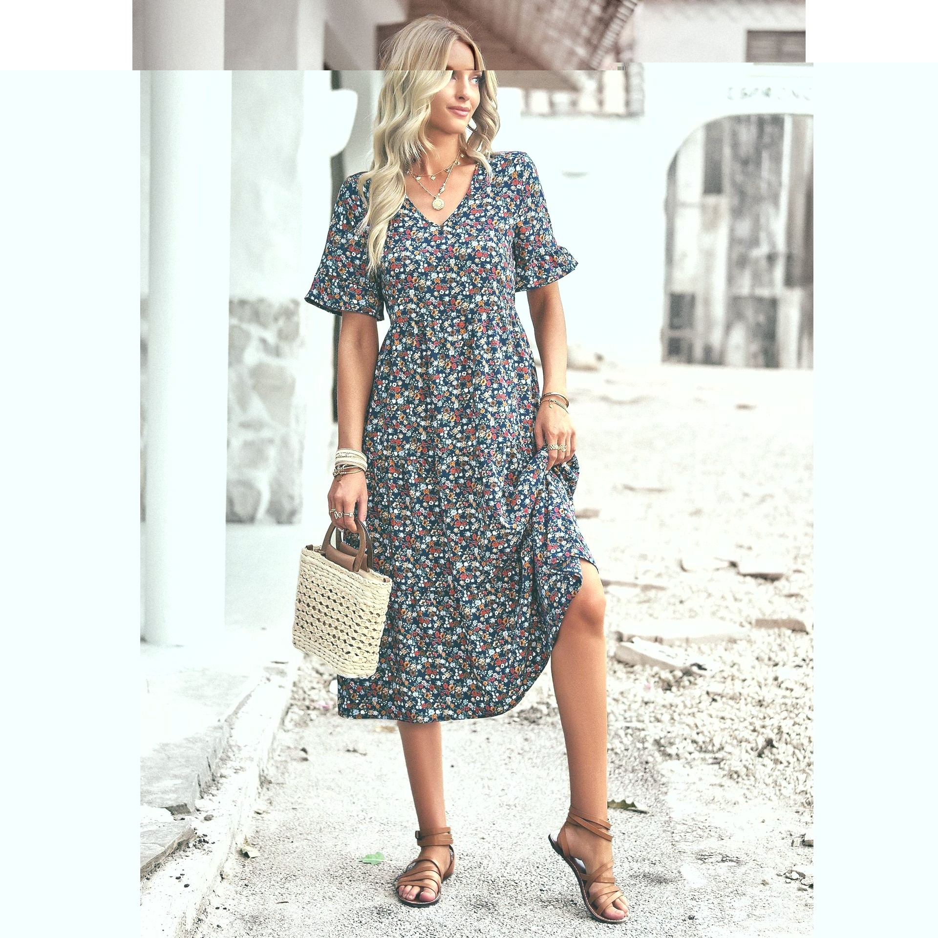 迪芸自主研发设计印花v领短袖连衣裙子2025夏季欧美女装外贸时尚,女装/女士精品,连衣裙,淘宝优惠券,粉丝福利购,淘宝优惠卷