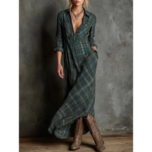2025跨境欧美女装气质优雅长袖格子衬衫裙时尚格纹衬衫领连衣裙