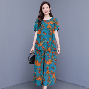 新款 时尚 九分裤 中老年棉绸套装 人造V棉短袖 女夏季 妈妈装 新品 大码