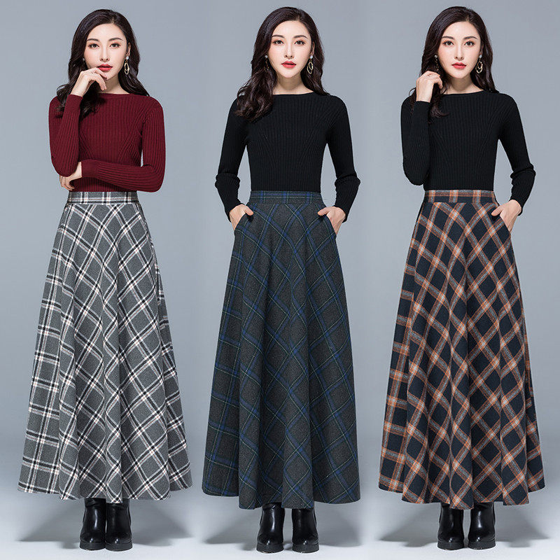 极速Mom High Waist Woolen playid Skirts 2019 Autumn Winter W