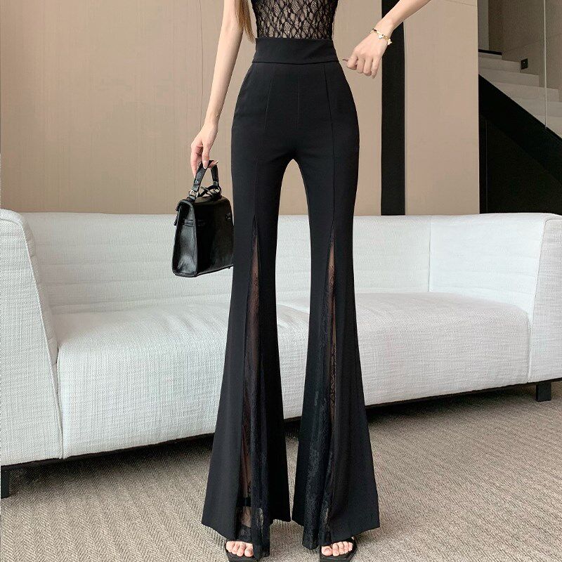 新品蕾丝拼接黑色喇叭裤女春夏高C腰显瘦垂坠感微喇西装裤休闲拖