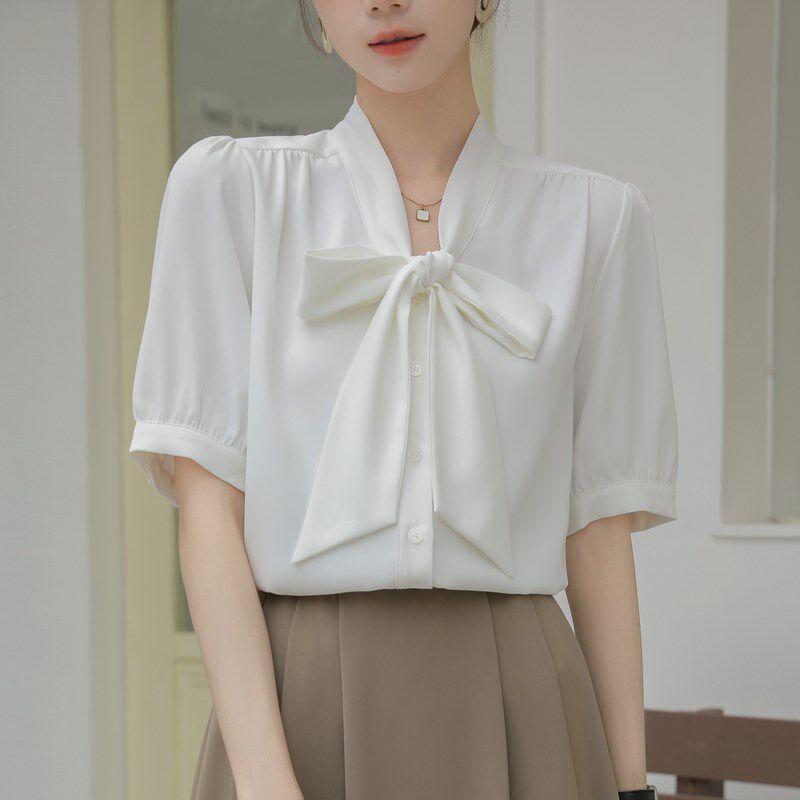新品雪纺蝴蝶结衬衫女夏短袖职业C穿搭正装白色内搭上衣教资面试
