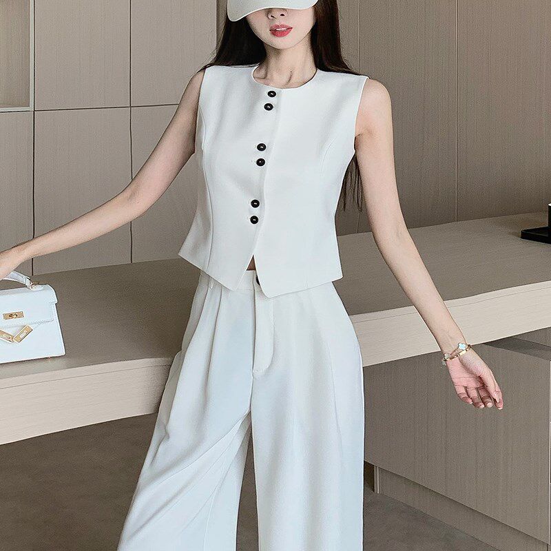 新品时尚气质西装马甲套装女夏季薄款无袖背N心上衣休闲阔腿长裤