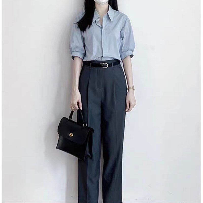 新品蓝色短e袖衬衫女夏职业正装教资通勤穿搭公务员事业编面试两