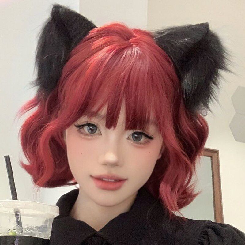 新品网红假c发女短卷发可爱洛丽塔修脸y2k女团红色辣妹蛋卷头短发