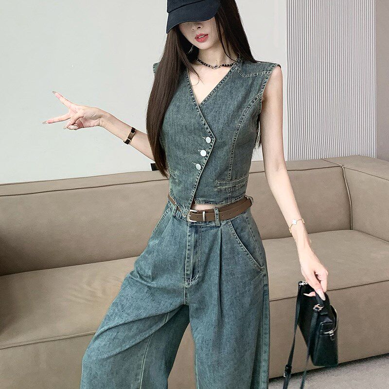 新品时尚洋气减i龄复古牛仔套装女夏无袖马甲背心上衣直筒阔腿裤