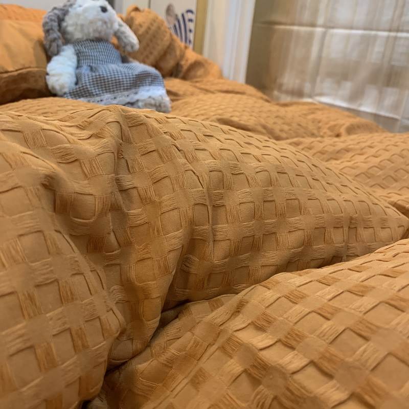 极速秋冬季华夫格人棉四件套水z洗棉牀单被套牀笠款牀上用品宿舍