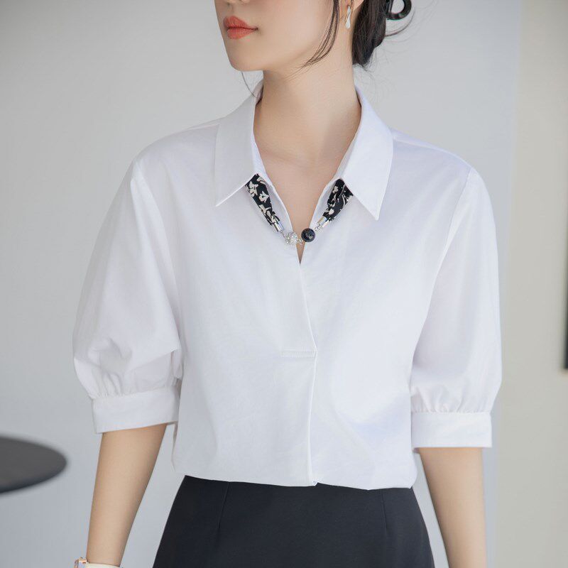 新品白色领结短袖衬衫女夏款小个子职场穿搭O职业上衣考公面试正