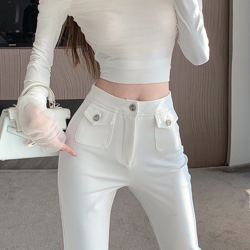 新品白色微喇裤女20o25春季新款高腰修身显瘦弹力西装喇叭裤休闲
