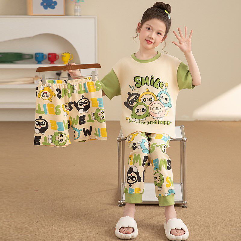 新品女童纯棉睡衣套装春秋三件套C装短袖长裤女孩卡通可爱家居服