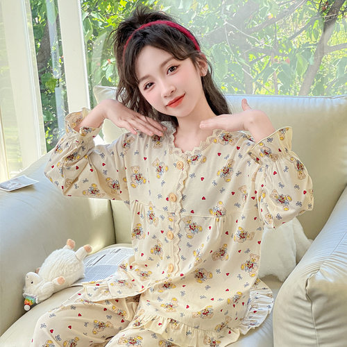 Next jylj女童家居服2024新款秋季小女孩纯棉花边长袖睡衣两件套