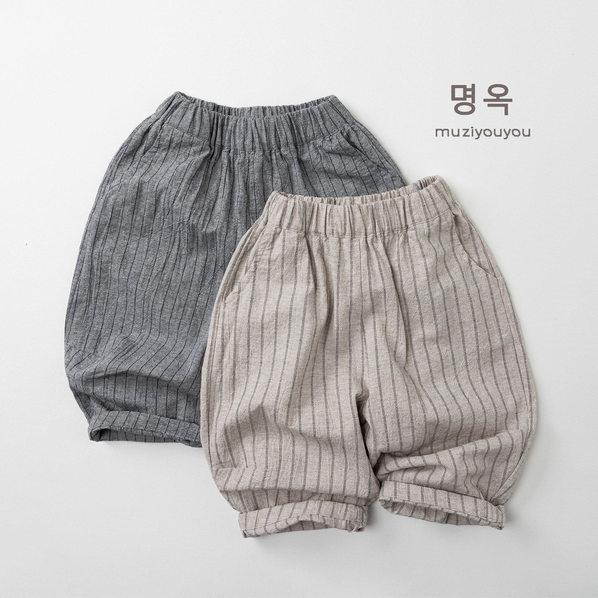 英国MZYY竖条纹儿童长裤男女宝宝春夏棉麻薄透气裤子休闲中小童装