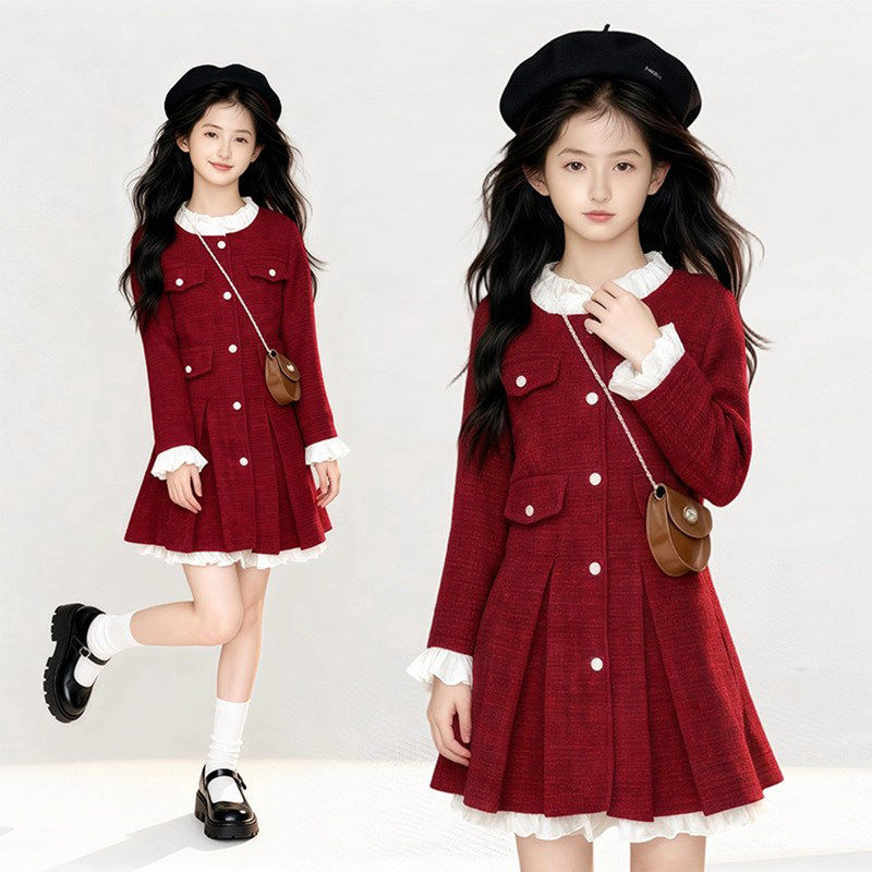 法国Uamtor女童裙子春秋季2026年新款红色拜年服设计感连衣裙新年