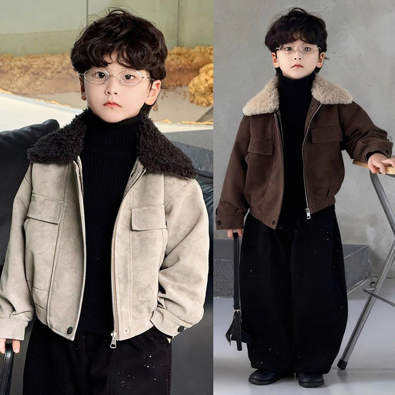 法国Uamtor男童外套秋冬装新款儿童复古风皮衣加厚加绒棉衣皮夹克
