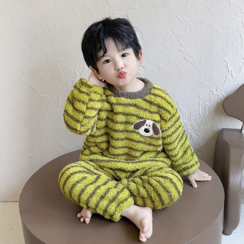 法国BERYDIA儿童珊瑚绒睡衣秋冬季男童法兰绒条纹保暖家居服套装