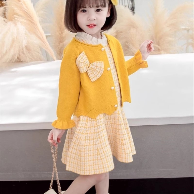 英国DHWA女童裙子套装春装新款洋气时髦小女孩衣服毛衣外套两件套