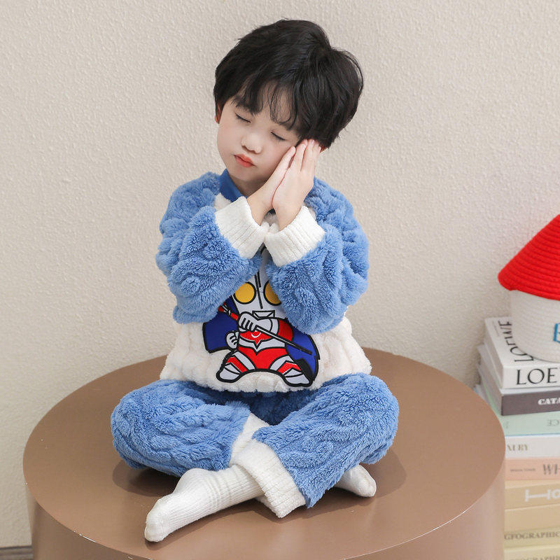 法国BERYDIA男童奥特曼睡衣秋冬珊瑚绒加绒加厚宝宝法兰绒家居服