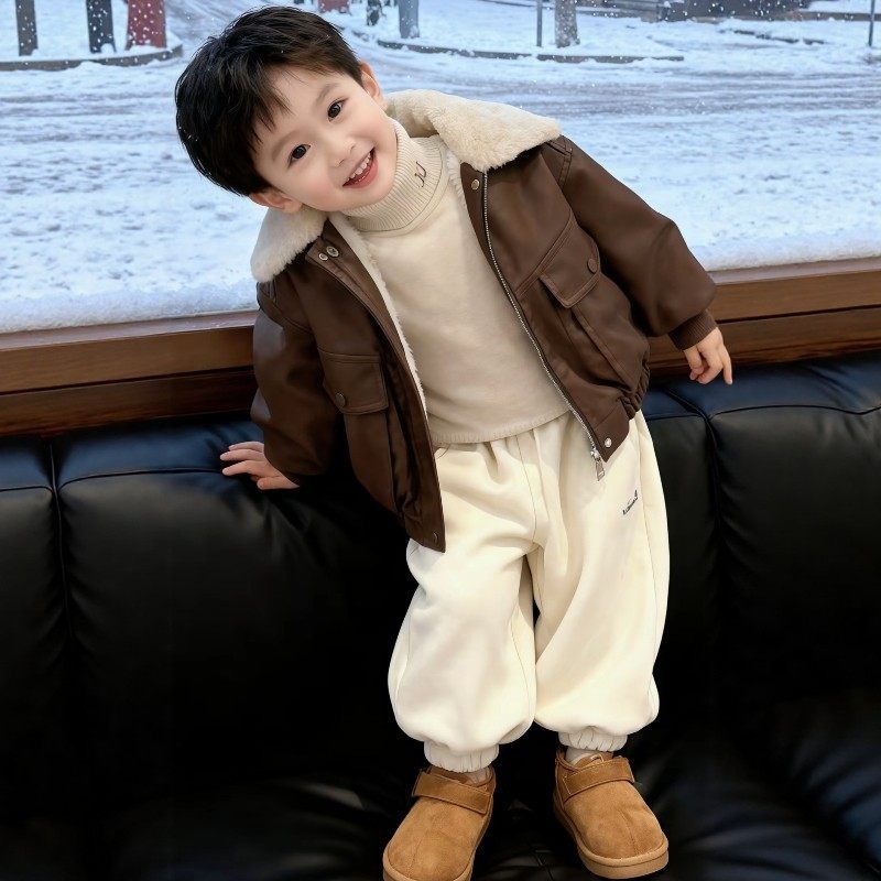法国BADNUT男童秋冬装2025新款儿童加绒皮衣外套宝宝加厚机车夹克