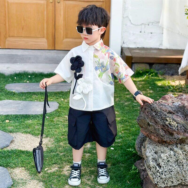 法国BADNUT夏季男童短袖衬衫套装儿童短裤2026新款衬衣两件套