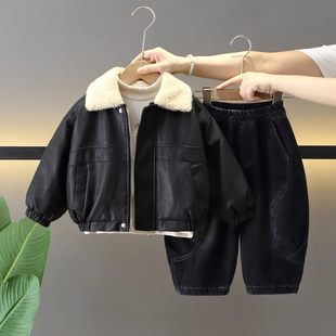 DHWA男童冬装套装2025新款儿童冬季衣服加绒加厚皮衣外套三件套潮