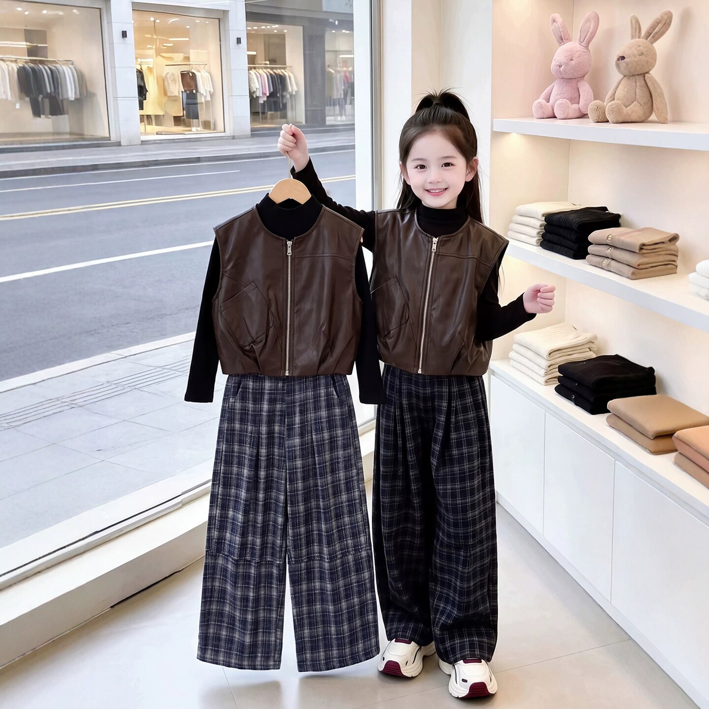 韩国Uamtor女童套装2026秋季新款中大童外出马甲背心格子裤三件套