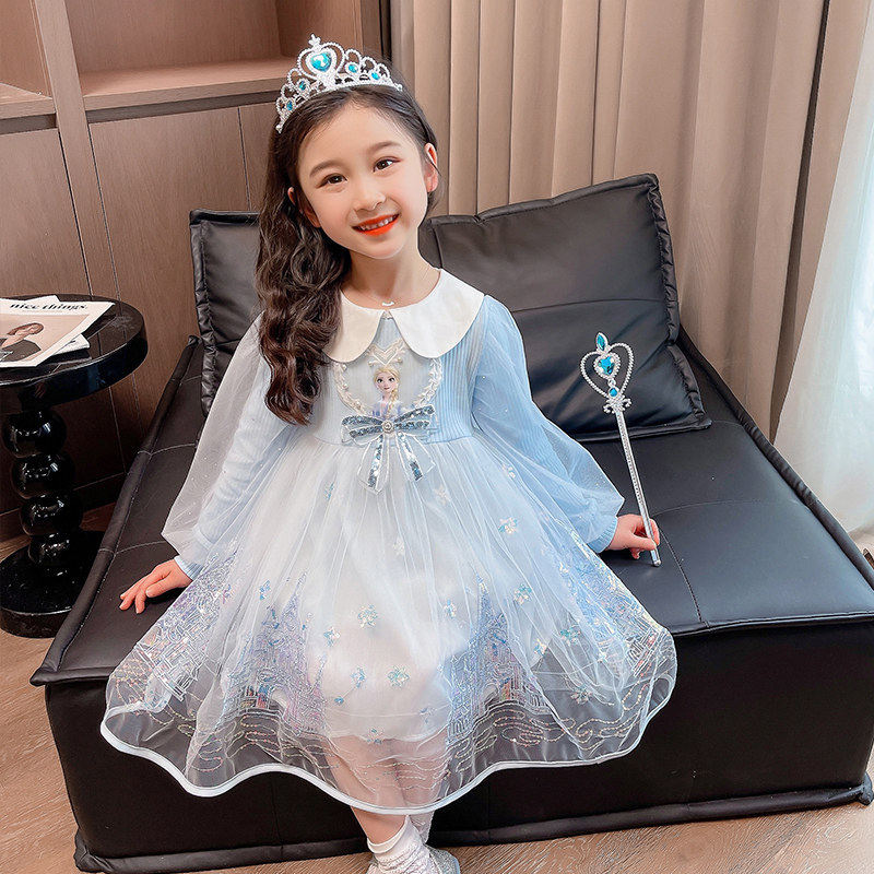 英国DGKP女童爱莎公主裙春秋长袖娃娃领冰雪夏季小女孩艾莎连衣裙