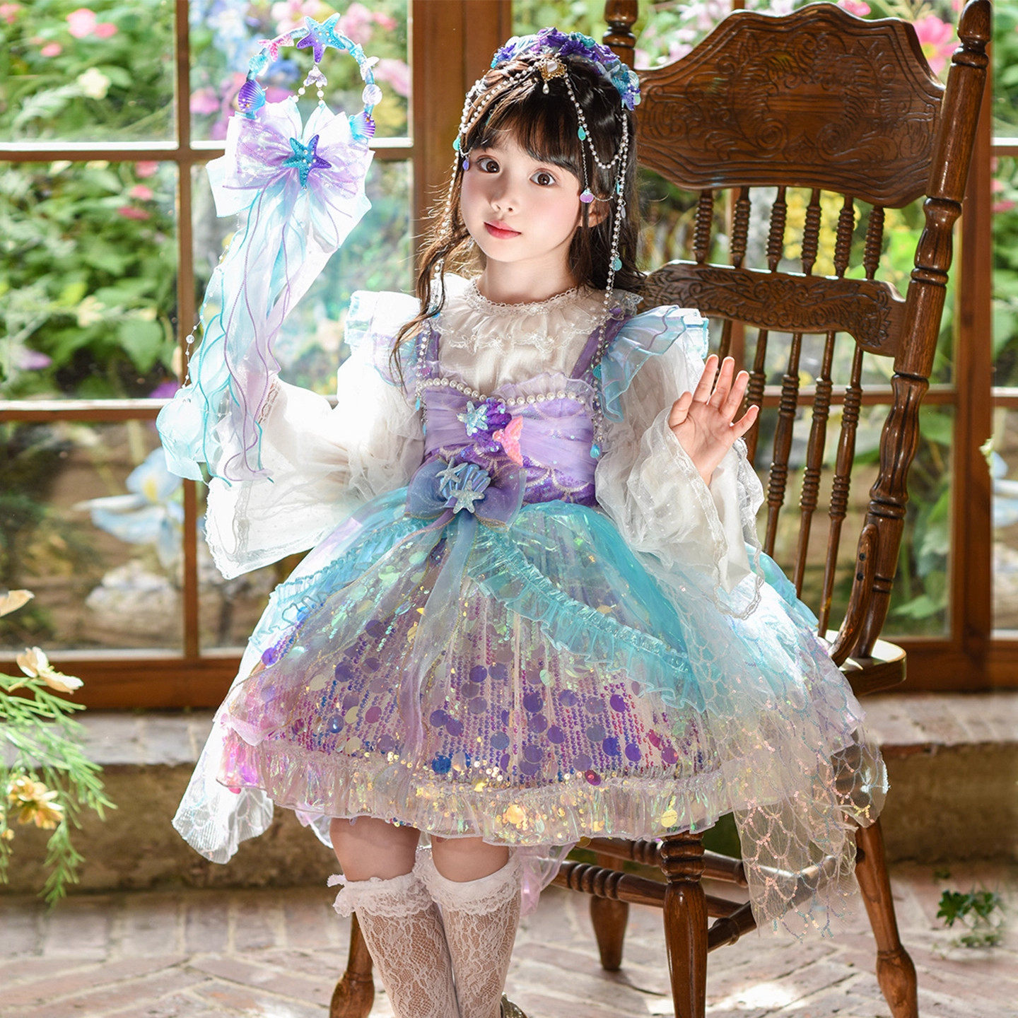 DGKP女童春秋连衣裙美人鱼套装儿童生日公主裙女孩洛丽塔礼服裙子