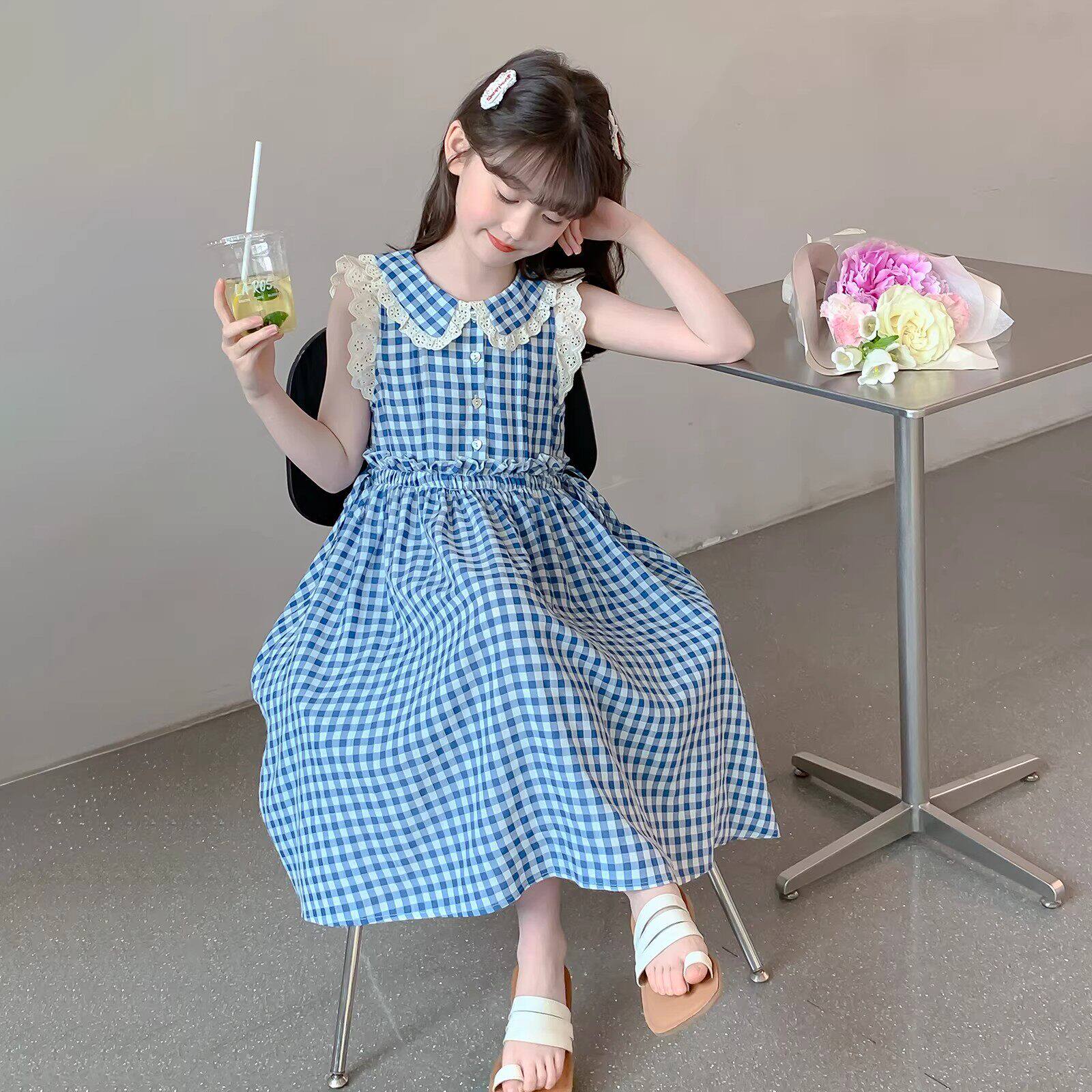 法国BERYDIA女童夏季格子蓝连衣裙2026新款洋气小女孩夏款公主裙