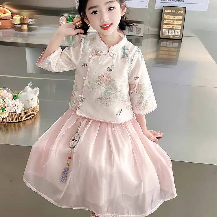 英国DHWA女童汉服套装春秋季新款中国风唐装连衣裙超仙古装两件套