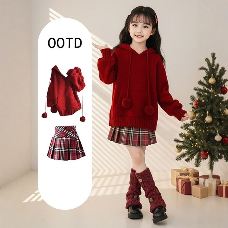 法国BADNUT女童套装裙秋冬款2025新款儿童红色过年大童毛衣两件套