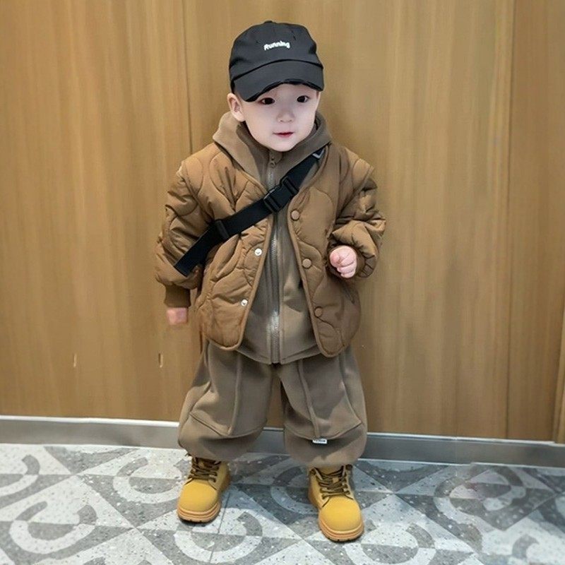 法国BADNUT男童加绒套装秋冬季2025新款儿童夹棉棉袄加厚卫衣外套