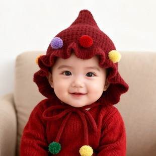 TTIT婴儿冬季酒红色新年超萌精灵帽男女宝宝针织护耳帽套头毛线帽