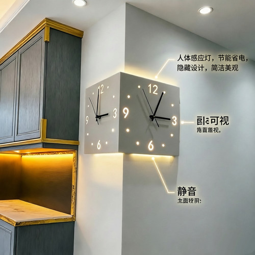 现代简约转角双面挂钟静音免打孔