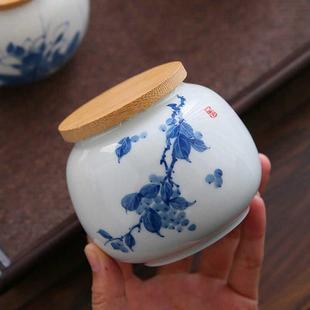 陶瓷茶叶罐手绘小号便携迷你密封罐家用竹盖茶仓储存罐子茶叶包装