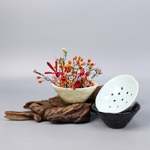 新陶瓷插花器日式带孔花插碗摆件复D古插花器皿桌面摆件花瓶固定