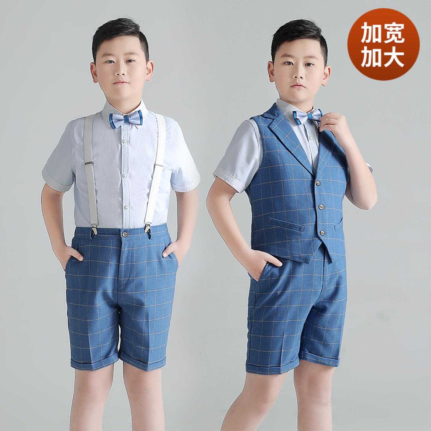胖版男童礼服帅气套装春夏款格子
