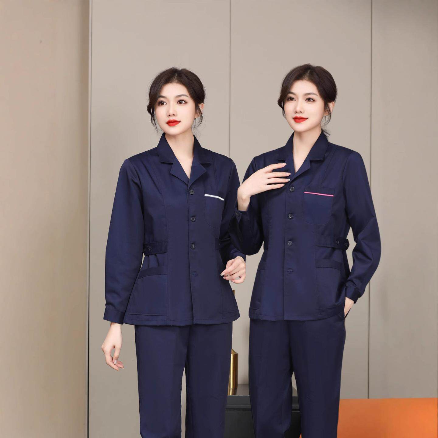 藏蓝涤棉西服领护士服长袖女分体