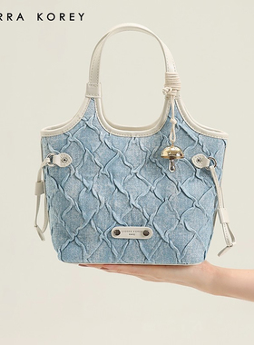 CierraKorey官网 托特包包女夏天水蓝色牛仔压纹手提包单肩斜挎包