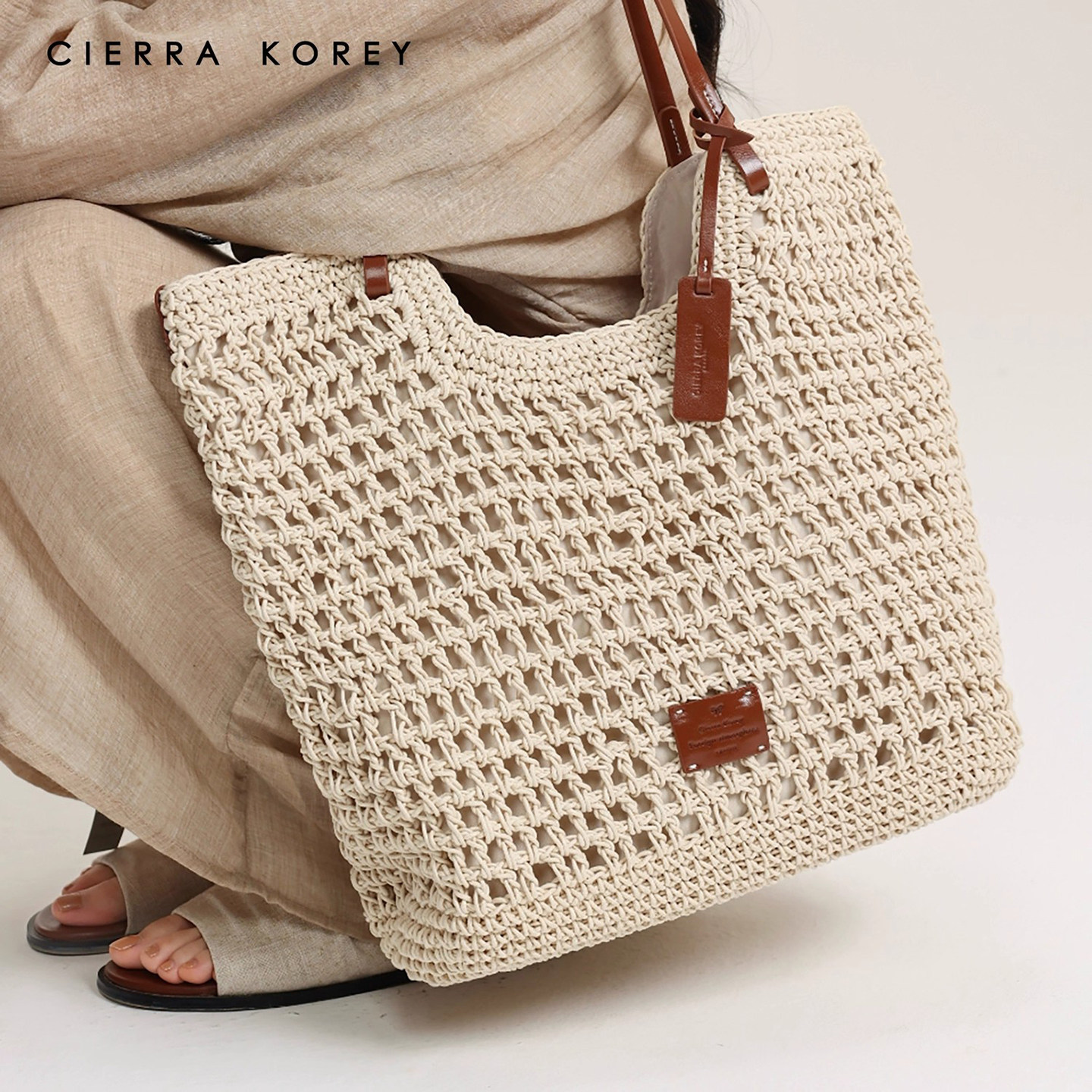 CierraKorey官网 牛皮+蜜蜡绳高级手工编织托特包包女手提单肩包