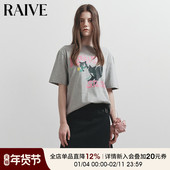 新款 女短袖 猫咪印花宽松落肩版 RAIVE2025夏季 型领口罗纹韩版 T恤