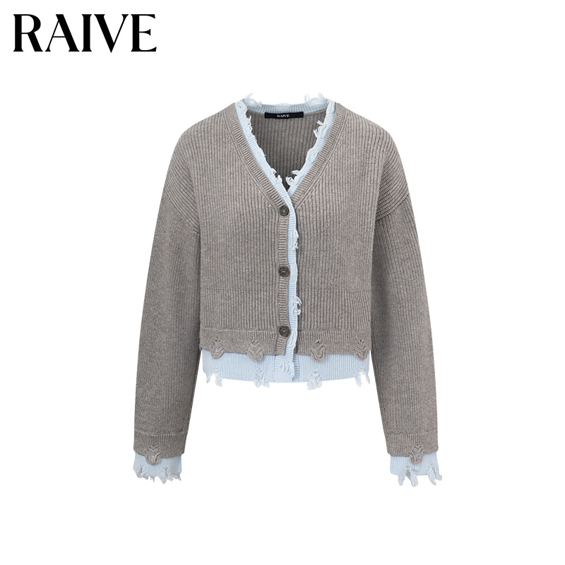 RAIVE拼色V领开衫长袖毛针织衫