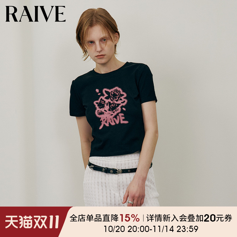 RAIVE玫瑰印花正肩女韩系T恤