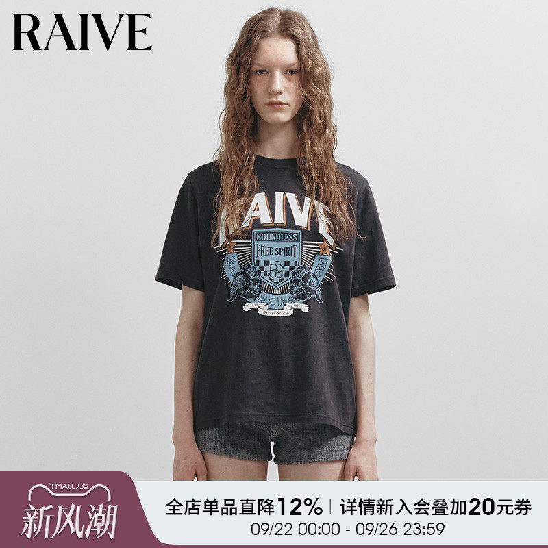 RAIVE2025夏季新款女短袖学院风徽章logo印花撞色韩系多色宽松T恤